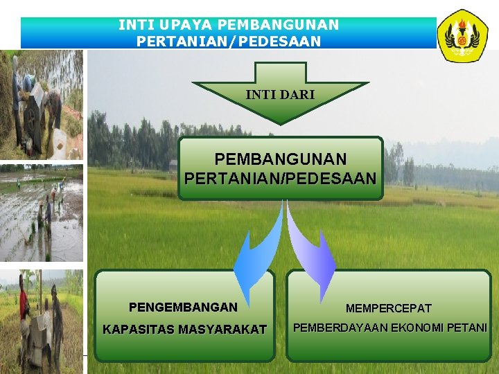 INTI UPAYA PEMBANGUNAN PERTANIAN/PEDESAAN INTI DARI PEMBANGUNAN PERTANIAN/PEDESAAN PENGEMBANGAN MEMPERCEPAT KAPASITAS MASYARAKAT PEMBERDAYAAN EKONOMI