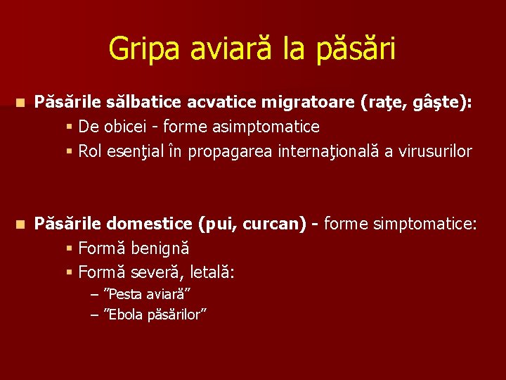 Gripa aviară la păsări n Păsările sălbatice acvatice migratoare (raţe, gâşte): § De obicei