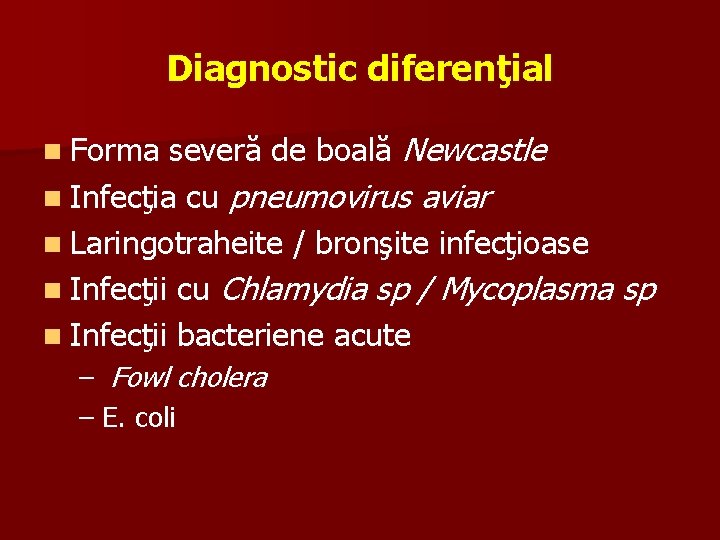 Diagnostic diferenţial severă de boală Newcastle n Infecţia cu pneumovirus aviar n Laringotraheite /