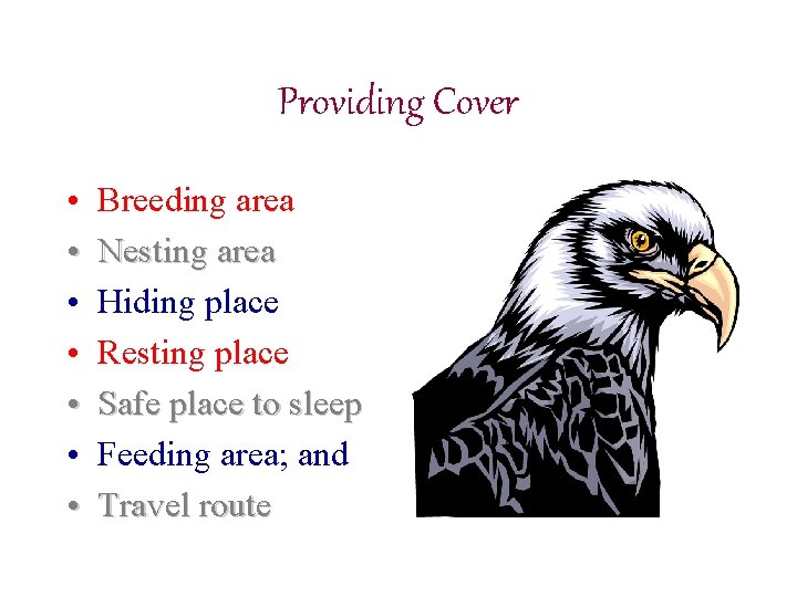 Providing Cover • • Breeding area Nesting area Hiding place Resting place Safe place