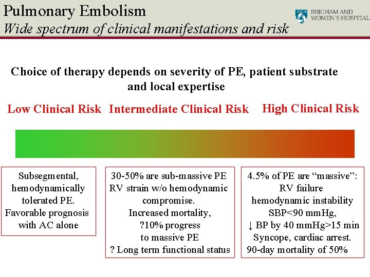 Pulmonary Embolism Wide spectrum of clinical manifestations and risk Choice of therapy depends on