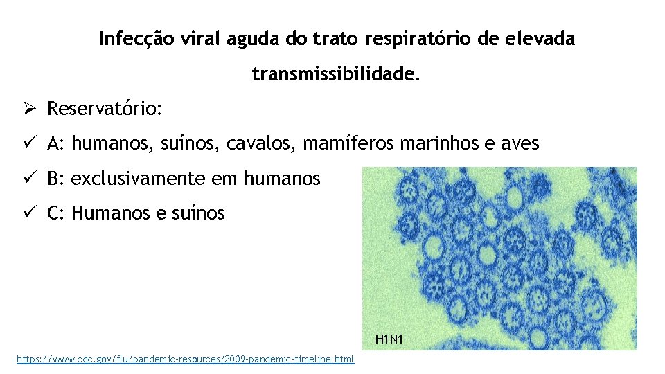 Infecção viral aguda do trato respiratório de elevada transmissibilidade. Ø Reservatório: ü A: humanos,