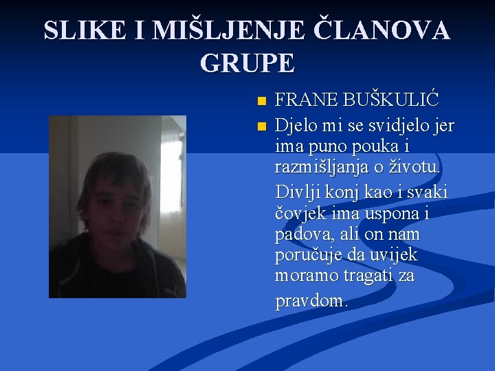 SLIKE I MIŠLJENJE ČLANOVA GRUPE n n FRANE BUŠKULIĆ Djelo mi se svidjelo jer