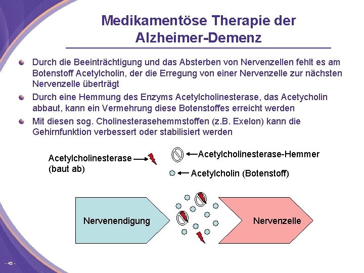 Medikamentöse Therapie der Alzheimer-Demenz Durch die Beeinträchtigung und das Absterben von Nervenzellen fehlt es