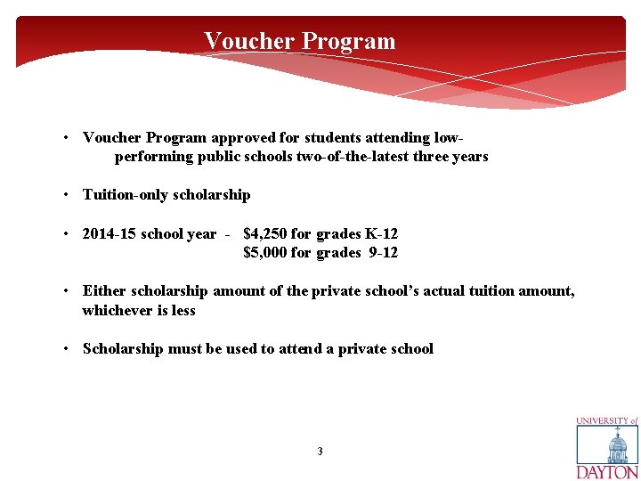 Voucher Program • Voucher Program approved for students attending low performing public schools two-of-the-latest