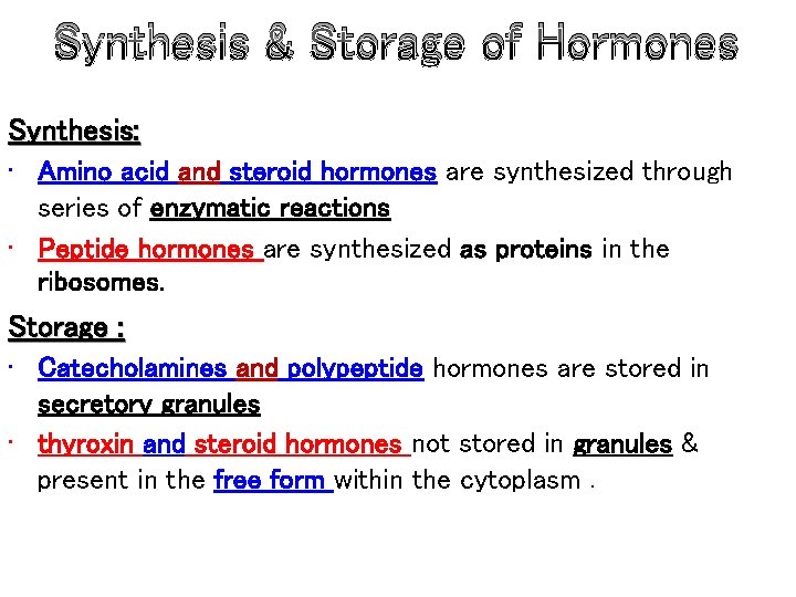 Synthesis & Storage of Hormones Synthesis: • Amino acid and steroid hormones are synthesized