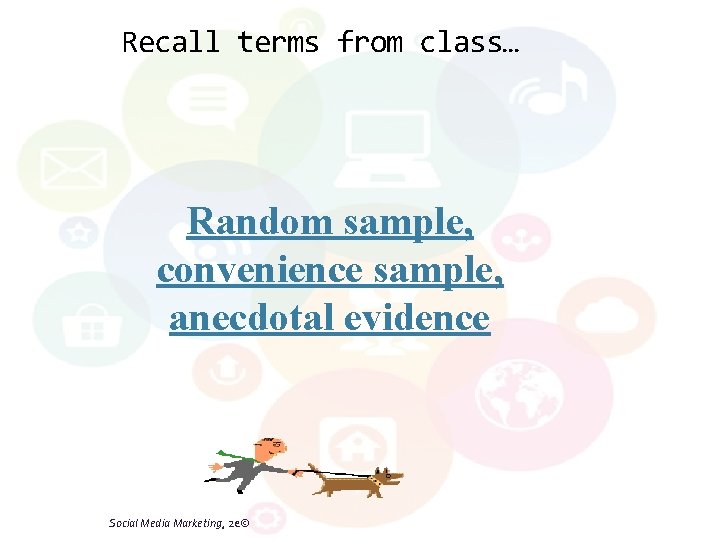 Recall terms from class… Random sample, convenience sample, anecdotal evidence Social Media Marketing, 2