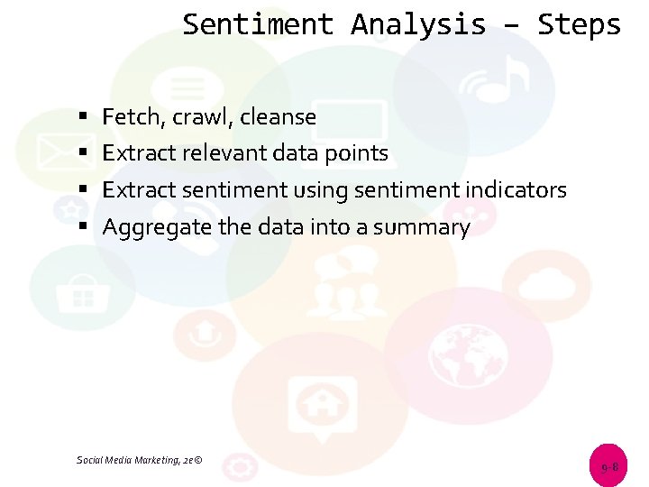 Sentiment Analysis – Steps Fetch, crawl, cleanse Extract relevant data points Extract sentiment using