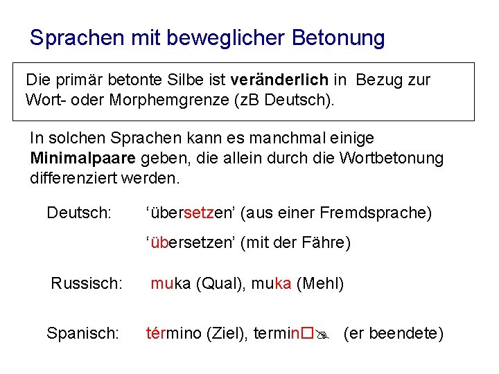 Sprachen mit beweglicher Betonung Die primär betonte Silbe ist veränderlich in Bezug zur Wort-