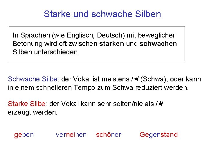 Starke und schwache Silben In Sprachen (wie Englisch, Deutsch) mit beweglicher Betonung wird oft