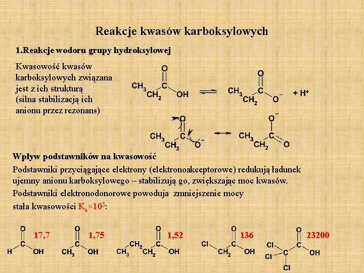 Reakcje kwasów karboksylowych 1. Reakcje wodoru grupy hydroksylowej Kwasowość kwasów karboksylowych związana jest z Reakcje kwasów karboksylowych 1. Reakcje wodoru grupy hydroksylowej Kwasowość kwasów karboksylowych związana jest z