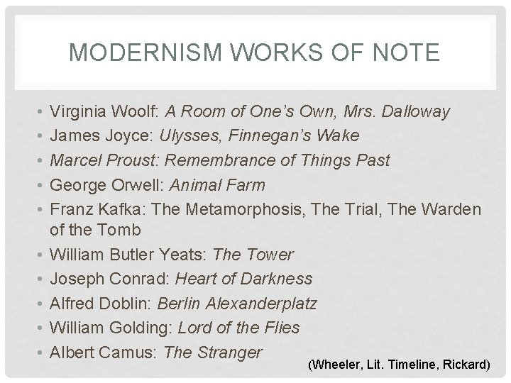 MODERNISM WORKS OF NOTE • • • Virginia Woolf: A Room of One’s Own,