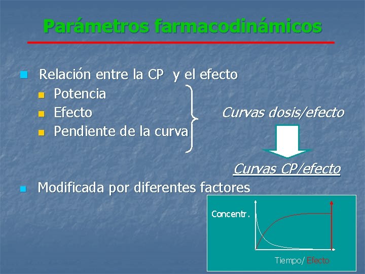 Parámetros farmacodinámicos n Relación entre la CP y el efecto n n n Potencia