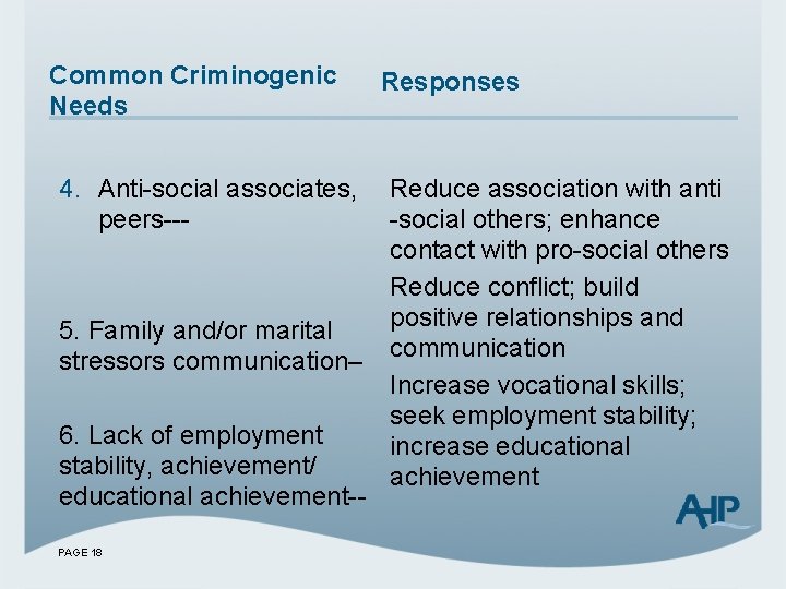 Common Criminogenic Needs Responses 4. Anti-social associates, Reduce association with anti peers---social others; enhance