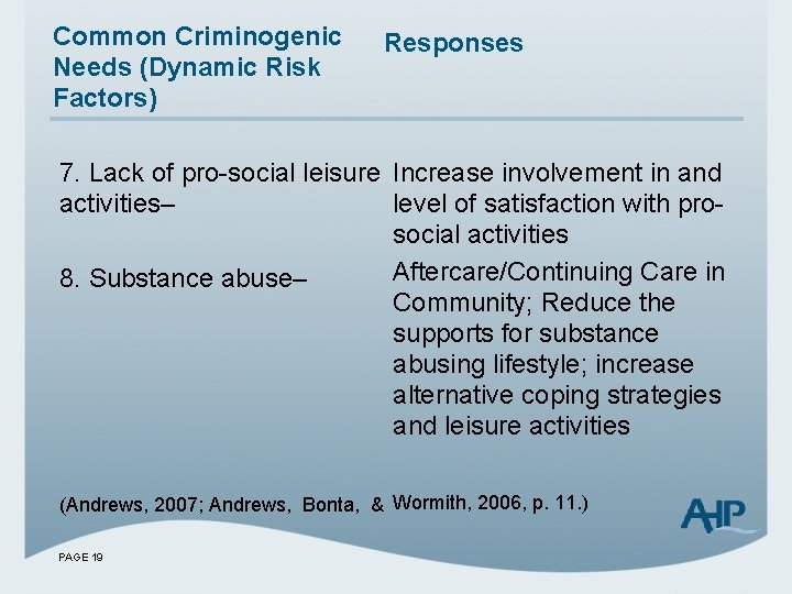 Common Criminogenic Needs (Dynamic Risk Factors) Responses 7. Lack of pro-social leisure Increase involvement