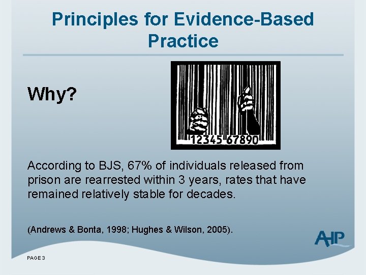 Principles for Evidence-Based Practice Why? According to BJS, 67% of individuals released from prison