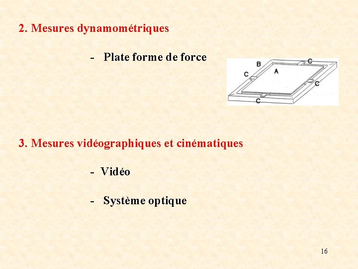2. Mesures dynamométriques - Plate forme de force 3. Mesures vidéographiques et cinématiques -