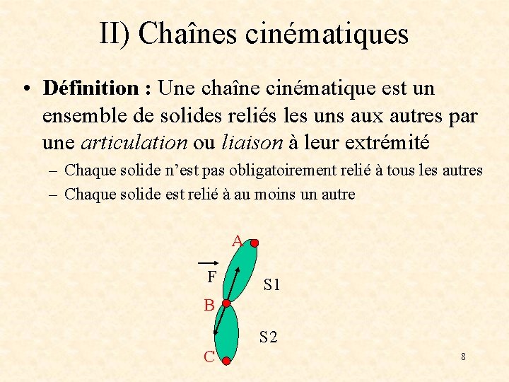 II) Chaînes cinématiques • Définition : Une chaîne cinématique est un ensemble de solides