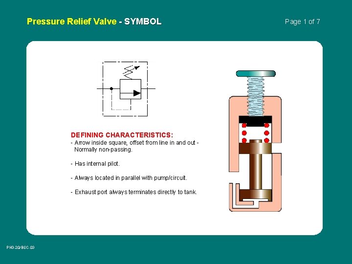 Pressure Relief Valve - SYMBOL DEFINING CHARACTERISTICS: - Arrow inside square, offset from line