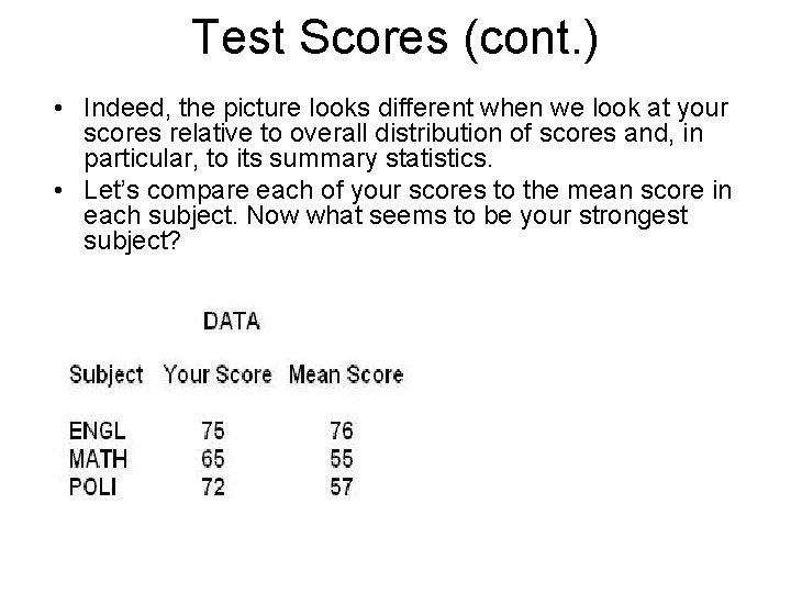Test Scores (cont. ) • Indeed, the picture looks different when we look at