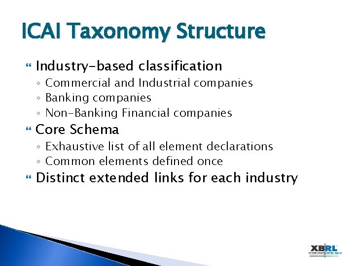 ICAI Taxonomy Structure Industry-based classification ◦ Commercial and Industrial companies ◦ Banking companies ◦