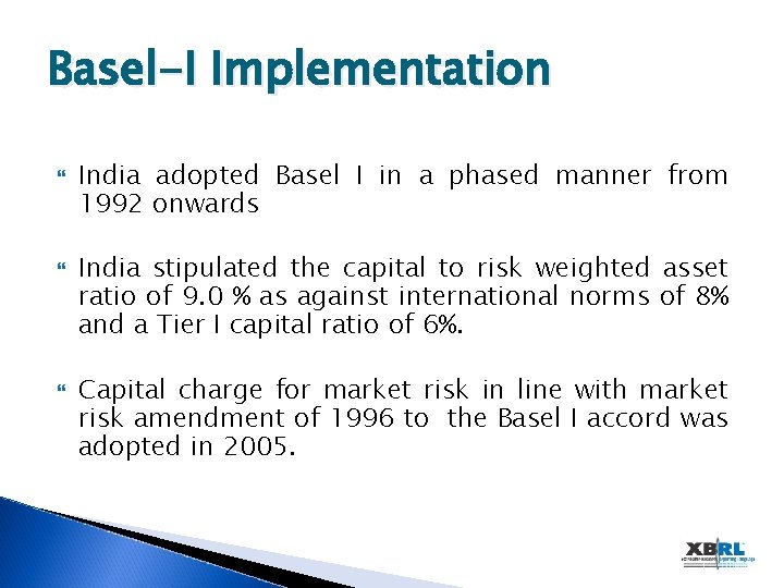 Basel-I Implementation India adopted Basel I in a phased manner from 1992 onwards India