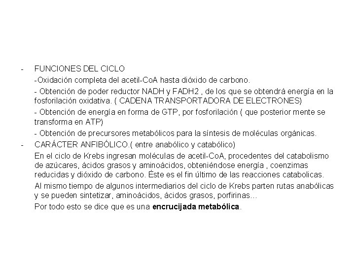 - - FUNCIONES DEL CICLO -Oxidación completa del acetil-Co. A hasta dióxido de carbono. - - FUNCIONES DEL CICLO -Oxidación completa del acetil-Co. A hasta dióxido de carbono.