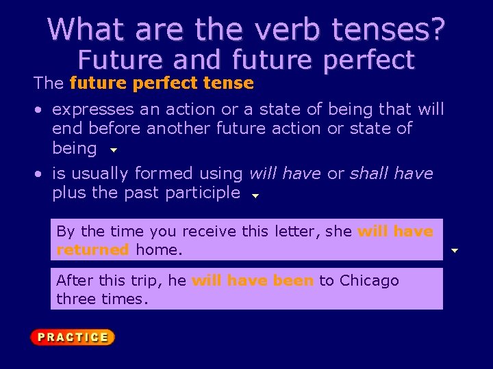 What are the verb tenses? Future and future perfect The future perfect tense •