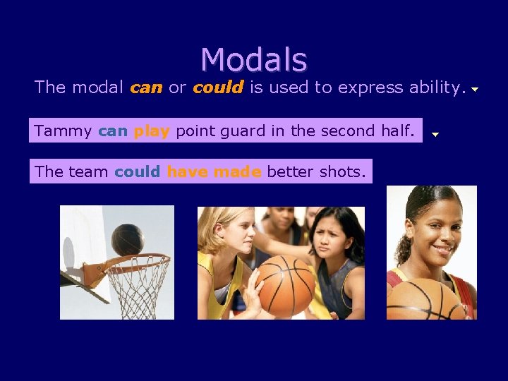 Modals The modal can or could is used to express ability. Tammy can play