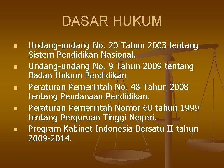 DASAR HUKUM n n n Undang-undang No. 20 Tahun 2003 tentang Sistem Pendidikan Nasional.