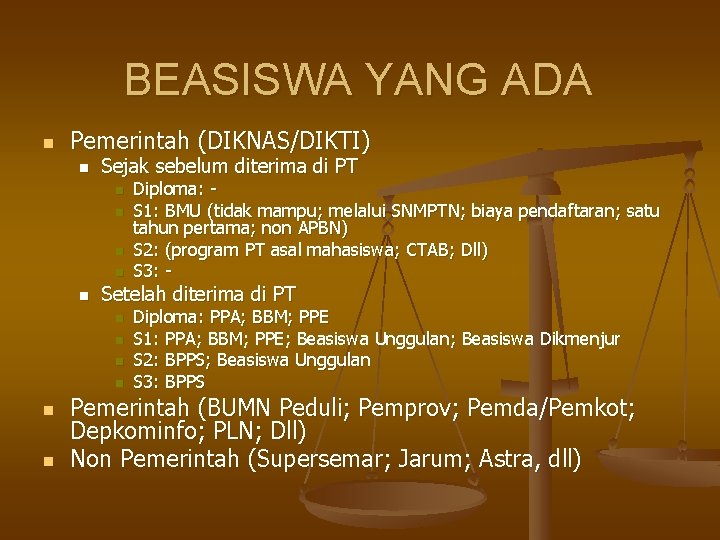 BEASISWA YANG ADA n Pemerintah (DIKNAS/DIKTI) n Sejak sebelum diterima di PT n n