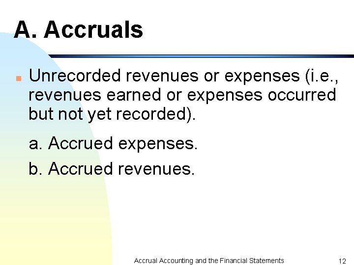 A. Accruals n Unrecorded revenues or expenses (i. e. , revenues earned or expenses