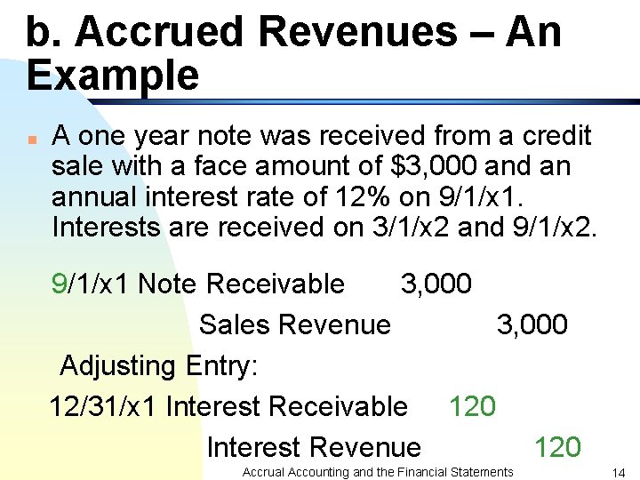 b. Accrued Revenues – An Example n A one year note was received from