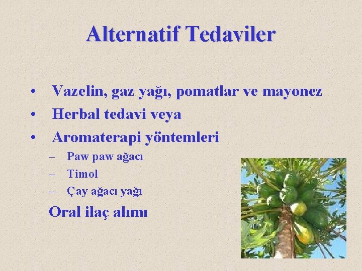 Alternatif Tedaviler • Vazelin, gaz yağı, pomatlar ve mayonez • Herbal tedavi veya •