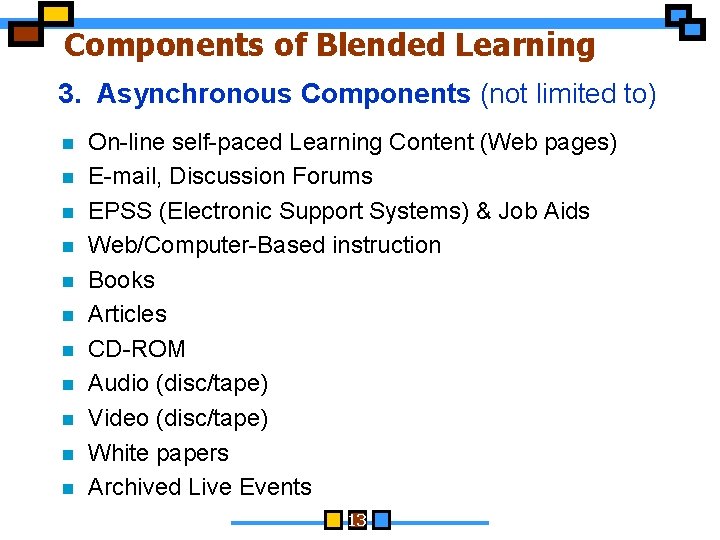 Components of Blended Learning 3. Asynchronous Components (not limited to) n n n On-line