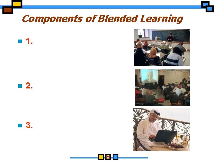 Components of Blended Learning n 1. Synchronous (live) Classroom format n 2. Synchronous (live)