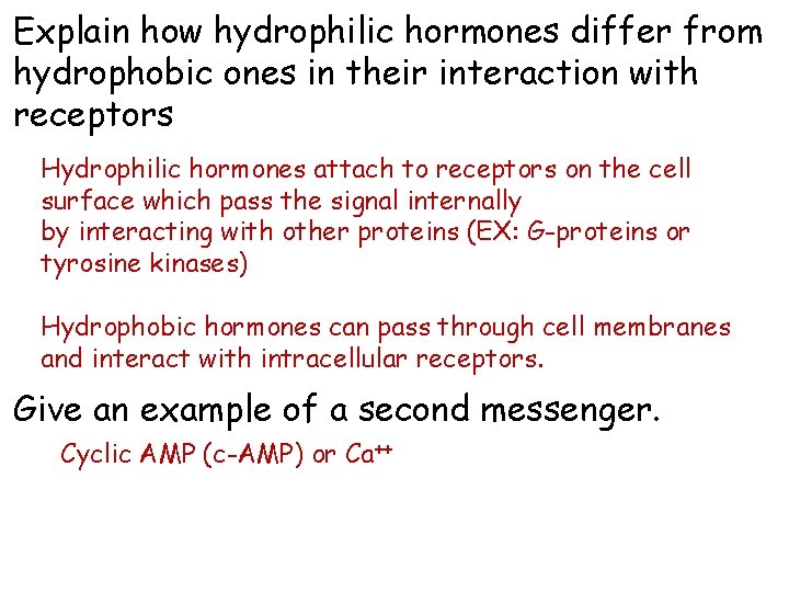 Explain how hydrophilic hormones differ from hydrophobic ones in their interaction with receptors Hydrophilic