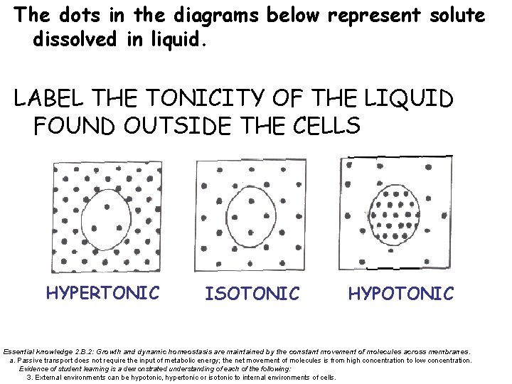 The dots in the diagrams below represent solute dissolved in liquid. LABEL THE TONICITY