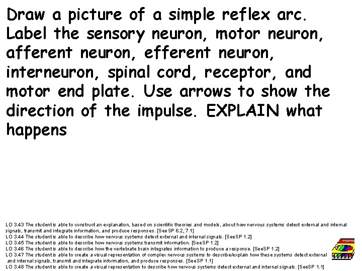 Draw a picture of a simple reflex arc. Label the sensory neuron, motor neuron,