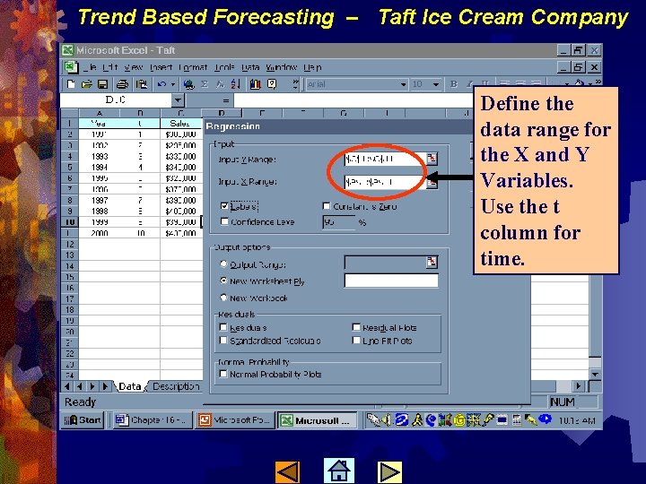 Trend Based Forecasting – Taft Ice Cream Company Define the data range for the