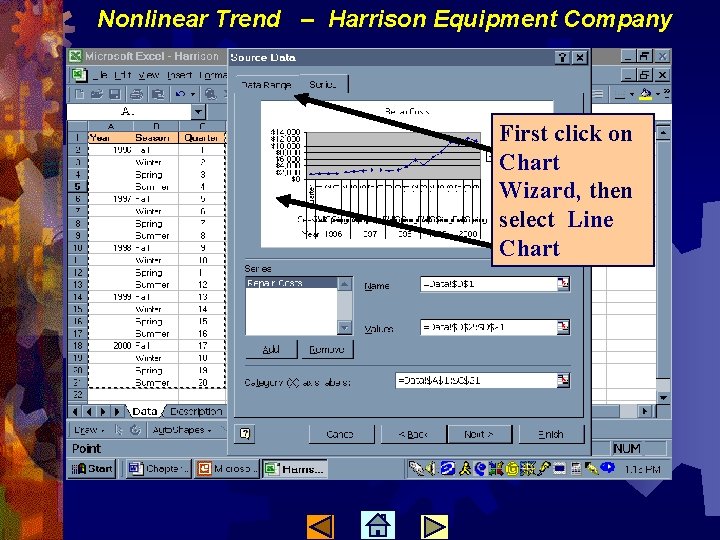 Nonlinear Trend – Harrison Equipment Company First click on Chart Wizard, then select Line