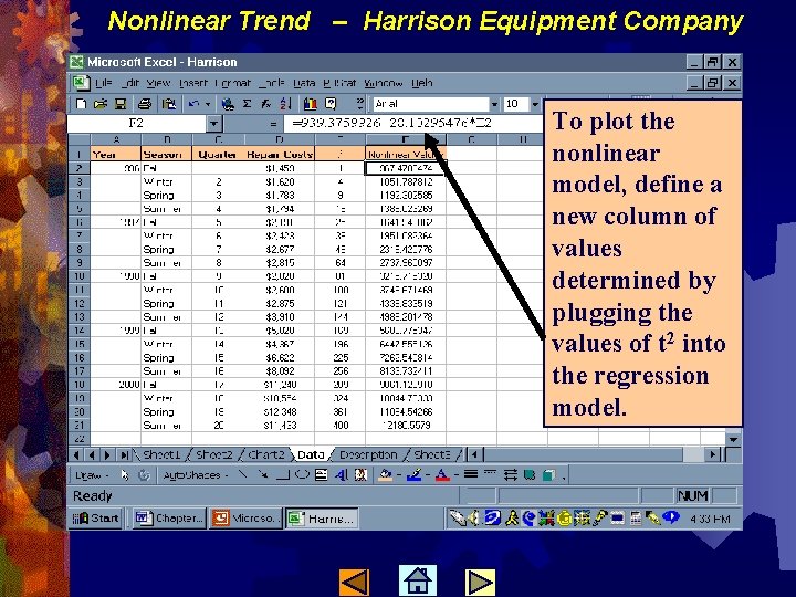 Nonlinear Trend – Harrison Equipment Company To plot the nonlinear model, define a new