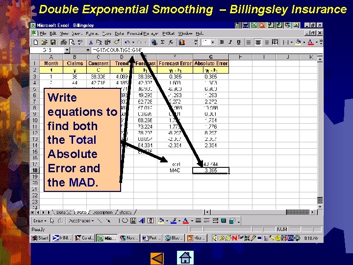 Double Exponential Smoothing – Billingsley Insurance Write equations to find both the Total Absolute