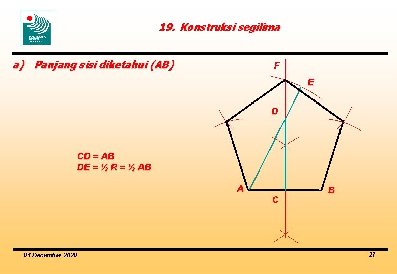 19. Konstruksi segilima a) Panjang sisi diketahui (AB) F E D CD = AB