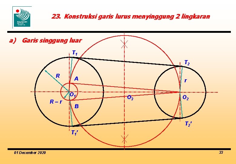 23. Konstruksi garis lurus menyinggung 2 lingkaran a) Garis singgung luar T 1 T