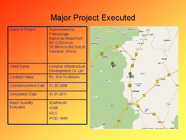 Major Project Executed Name of Project Improvement to Palasponga. Bamenari Road from RD 0.