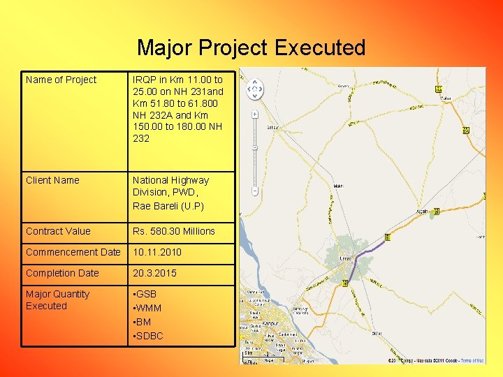 Major Project Executed Name of Project IRQP in Km 11. 00 to 25. 00