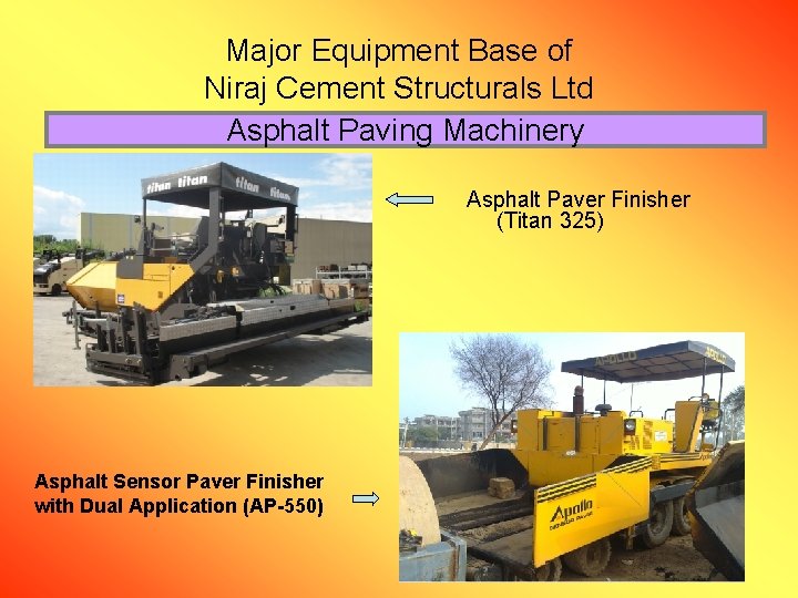 Major Equipment Base of Niraj Cement Structurals Ltd Asphalt Paving Machinery Asphalt Paver Finisher