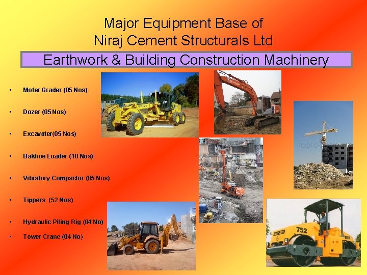 Major Equipment Base of Niraj Cement Structurals Ltd Earthwork & Building Construction Machinery •