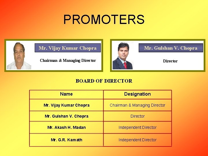 PROMOTERS Mr. Vijay Kumar Chopra Mr. Gulshan V. Chopra Chairman & Managing Director BOARD